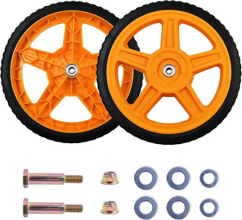 Antanker Lawn Mower Wheels, 14 inch Push Mower Plastic Wheels with Bolts & Nuts Fits Most Standard Lawn Mower Cart(2 Pack) - Image 1